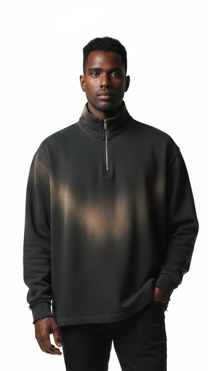 Sun Fade Raw Edge Quarter-Zip Sweatshirt – White Background